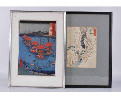A 19th Century Japanese&nbsp;Azuri-e Ukiyo-e or woodblock print of a flotilla framed and glazed together with a small example