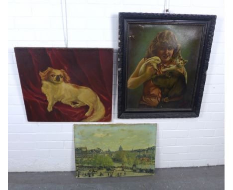 LAGENDYK, signed oil on canvas of a dog, dated 1935, 62 x 54cm together with another and an oiliograph Monet print (3) 