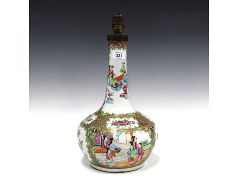 19th century Chinese canton enamel famille rose vase, painted with Mandarin rose pattern, metal fitting attached to the neck 