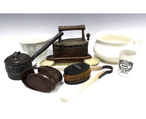 19th century and later kitchenalia to include a jelly mould, iron pan and flat iron, together with a chamber pot and vintage 