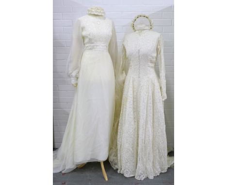 Two vintage wedding dresses, together with a veiled lace cap and a floral headband veil (4)
