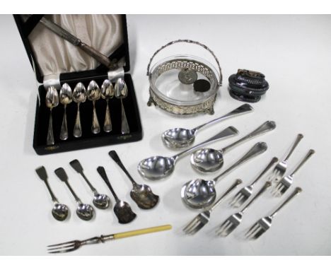 Quantity of Epns flatwares, glass lined basket / dish, table lighter, etc (a lot) 