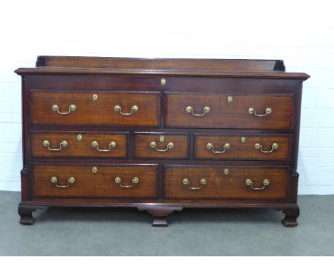 George III oak and mahogany mule chest, hinged rectangular top with gallery rail and moulded edge, above a pair of dummy draw