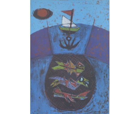 20TH CENTURY SCHOOL, screen print, signed indistinctly and dated 89, framed under glass, 39 x 56cm 