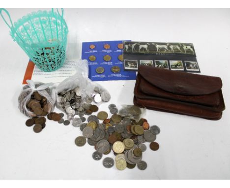 A collection of pre decimal coins, vintage leather bag and stamps, etc (a lot) 