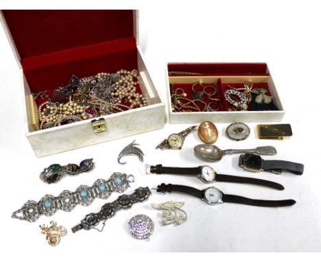 Jewellery box containing a collection of vintage costume jewellery and wristwatches, etc  (a lot) 