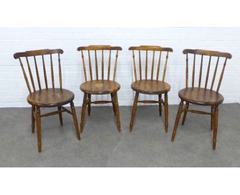 Four similar stick back  kitchen chairs, with scrolled top rail an solid seats, 47 x 81 x 39cm. (4) 