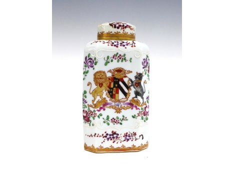 Samson of Paris, armorial porcelain tea caddy and cover, 8 x 17cm. 