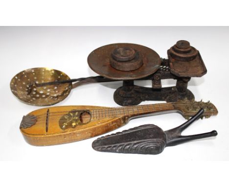 Mixed lot to include vintage scales and weights, brassware and a small mandolin etc (a lot) 