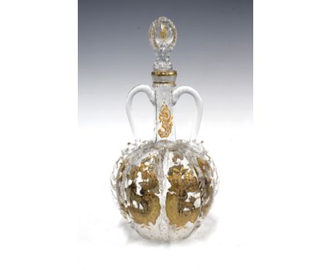 Late 18th /early 19th century Dutch glass decanter and stopper with painted enamel and gilding, 14 x 29cm. 