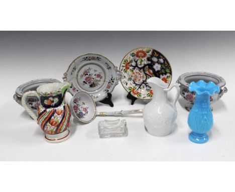 19th century Staffordshire pottery to include miniature tureens, jugs, ladle, and plate together with a glass salt and a moul
