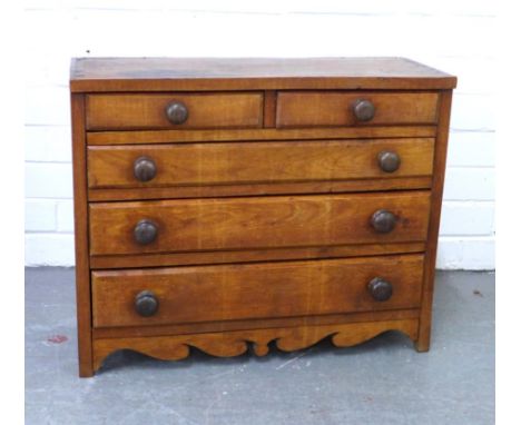 Stained pine apprentice / miniature chest with two short and three graduating long drawers, shaped apron and bracket feet, 58