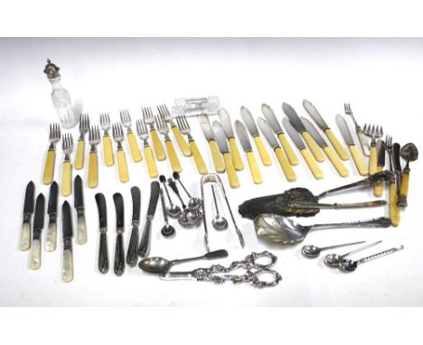 Mixed Epns flatwares to include a set of twelve fish knives and forks with composite handles, mother of pearl handled fruit k