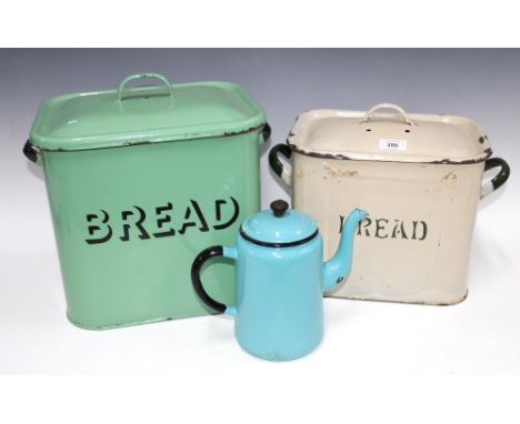 Vintage enamel kitchenalia to include two Bread bins with covers and a blue coffee pot (3) 