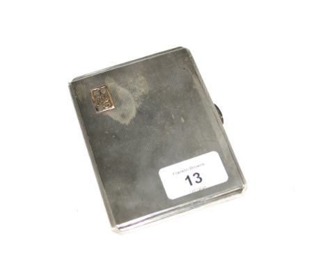 George VI silver cigarette case with engine turned decoration and a yellow metal monogram, interior inscribed To Jean from Be