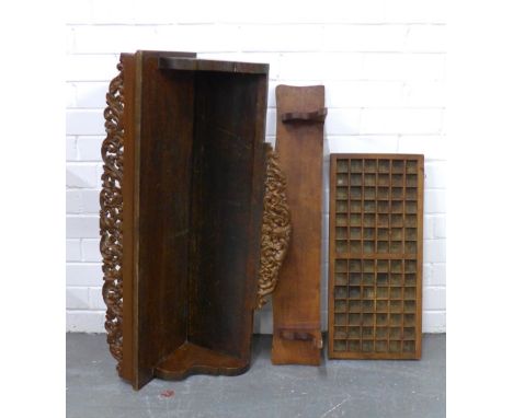 Two wall shelves, one with a foliate pierced back, larger 83 x 34cm, together with a vintage letterpress tray (3)