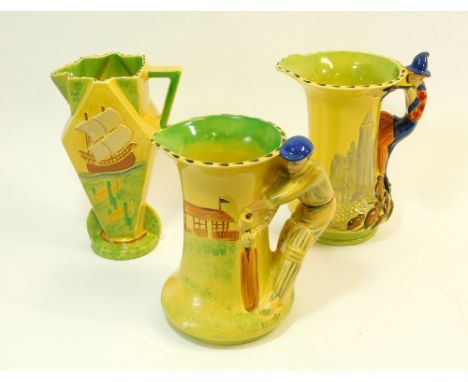 BURLEIGH WARE . Three Burleigh Ware jugs, the Cricketer, the Pied Piper & sailing boat & fishes. Re-issues 1999 & 2000.  WE C