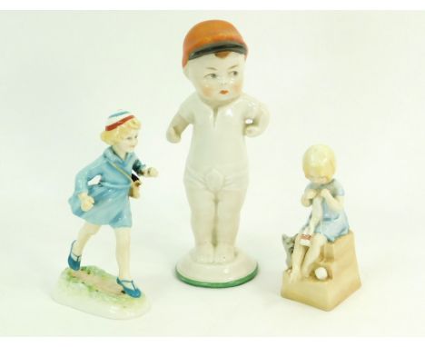 ROYAL WORCESTER ETC. Two Royal Worcester models, each modelled by Freda Doughty: Katie & Home Time. Also, an Art Deco talcum 