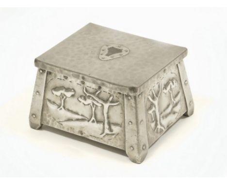 ARTS & CRAFTS CADDY. An Arts & Crafts embossed pewter covered wooden tea caddy, with wooden inner lid. (Lid unattached but ap