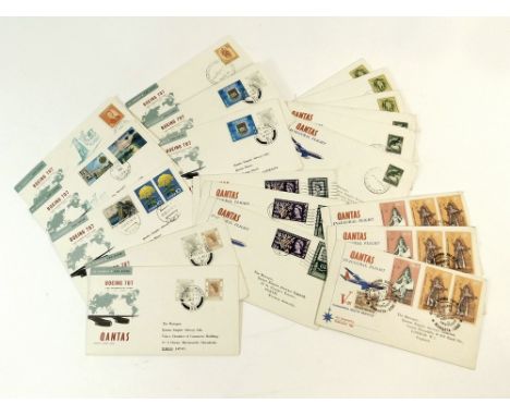 QANTAS FIRST FLIGHT FDC's. Twenty Qantas first flight souvenir covers. Eight Boeing 707 Sydney to Tokyo via Manilla & Hong Ko