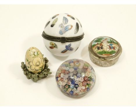 BOXES ETC. A metal mounted ceramic box, a white metal box with painted mother of pearl lid & mirrored interior, a mid 19th ce