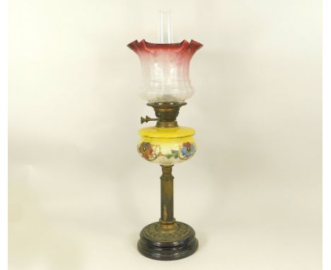 OIL LAMP. A Victorian oil lamp with hand painted glass fount & pink etched shade. Height 67cm.WE CANNOT SHIP THIS LOT due to 