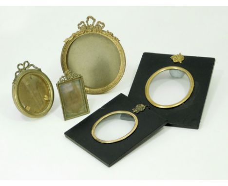 PHOTOGRAPH FRAMES ETC. Three cast brass easel photograph frames, smallest 7 x 4cm. Also, two 19th century lacquered miniature