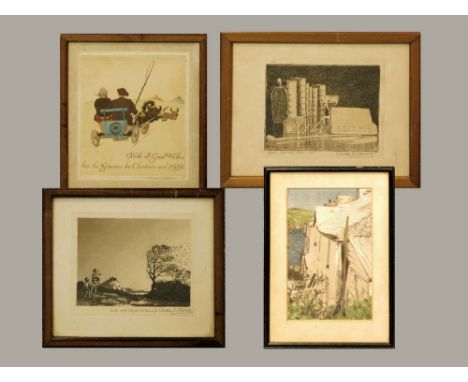 GEOFFREY GARNIER ETC. A coloured print 'For Christmas 1932', signed in pencil by Geoffrey Garnier. Also two other dedicated &