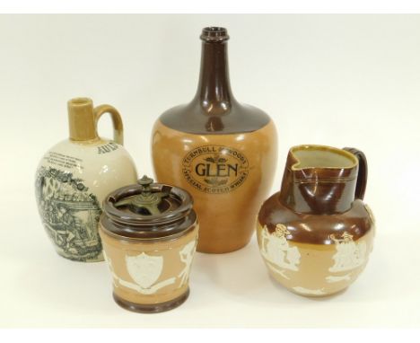DOULTON STONEWARES ETC. A Doulton Lambeth, brown stoneware Turnbull & Woods Glen Special scotch whisky flagon. Also, a Royal 