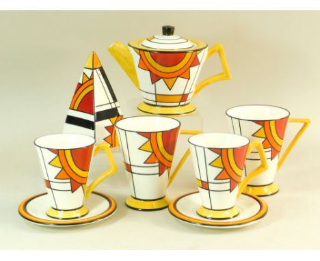 BRIAN WOOD. Art Deco style ceramics from the Brian Wood Collection, comprising two mugs with saucers, two other mugs, a teapo