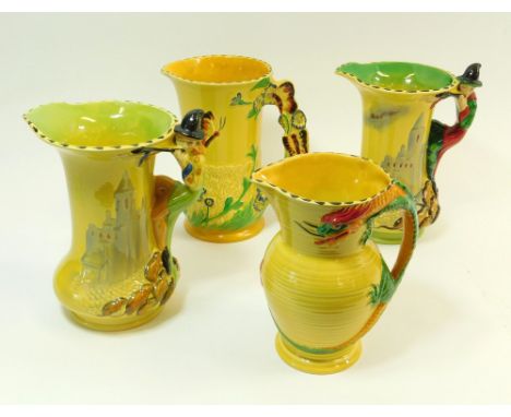 BURLEIGH WARE. Four Burleigh Ware jugs, comprising two Pied Piper of Hamlyn, one dragon handle & one butterfly handle. Re-iss