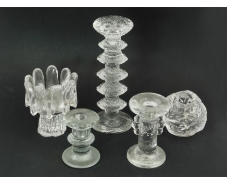 GLASS CANDLE HOLDERS. A Festivo glass candlestick by Sarpeneva, height 21.5cm. Also, two other column candlesticks including 