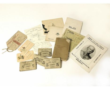WWI ITEMS. Various items including British Army Rouen Tram Vouchers; Active Service New Testament 1916; Regimental Christmas 
