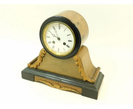 MANTEL CLOCK. An early 20th century walnut & ebonised mantel clock, striking on a bell. (Bell an apparent replacement) Height