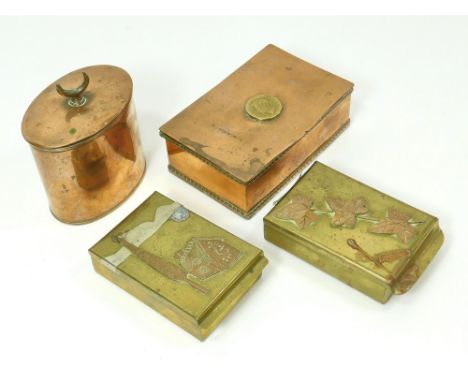 COPPER & BRASS WARE. A copper tea caddy, the base stamped J. Picard & Co., 117 Regent Street. Also, a copper cigarette box (p