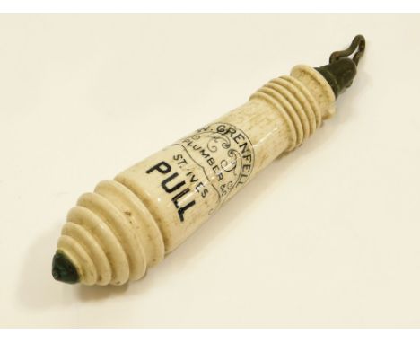 LAVATORY CHAIN PULL. A ceramic advertising lavatory chain pull for W. Grenfell, Plumber, St. Ives. WE CAN SHIP THIS LOT, but 