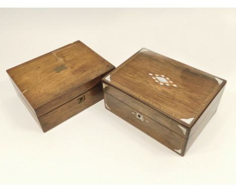VICTORIAN BOXES. Two Victorian boxes, one inlaid with stringing & mother of pearl. Each approx. 19.5 x 27 x 11.5cm (interiors
