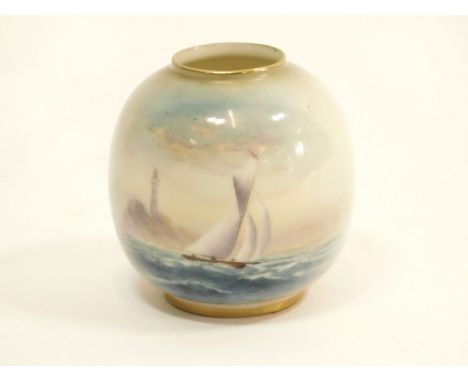 ROYAL WORCESTER. A Royal Worcester small vase hand decorated by R. Rushton. Signed, numbered to the base 2491. Height 7.5cm. 