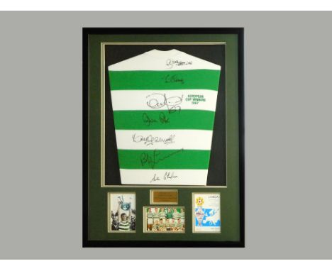 SIGNED SHIRT. A Celtic Football Club 'Lisbon Lions' 1967 European Cup Final Winners shirt, signed by seven players. Framed wi