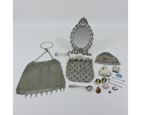 A collection of items to include an easel mirror, an early 20 century Chinese white metal mesh bag, a silver vesta, a perfume