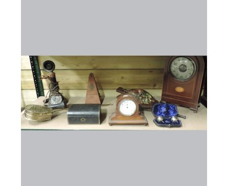 A collection of items to include a pair of Mappin and Webb silver salts, a vintage copper mounted stick telephone, a mahogany