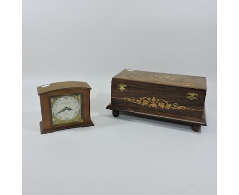 An early 20th century Indian rosewood and inlaid box, 33cm, together with an Elliot walnut cased mantle clock