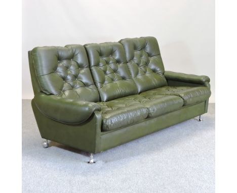 A 1970's Danish green leather upholstered three seater sofa, on chrome legs, 191cm