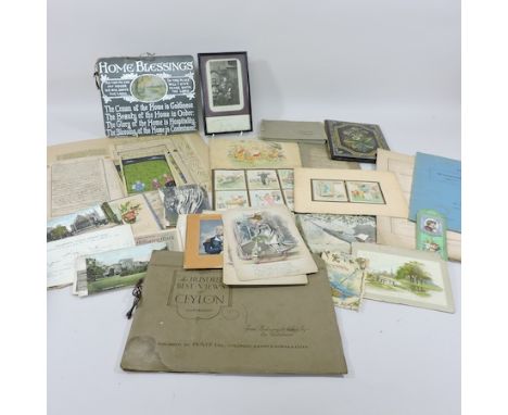 A collection of ephemera, to include Persian school, gouache on paper, pages of manuscript, an album of crests, a papier mach