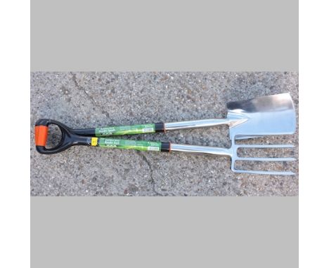 A stainless steel border fork and spade, together with four levels