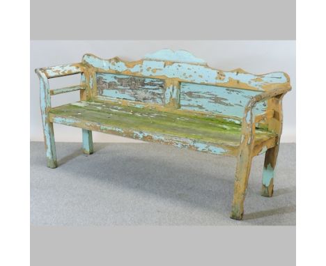 A part green painted wooden garden bench, 181cm