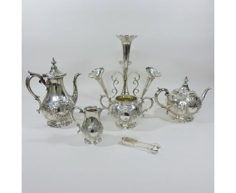 An early 20th century silver plated four piece tea service, together with an epergne