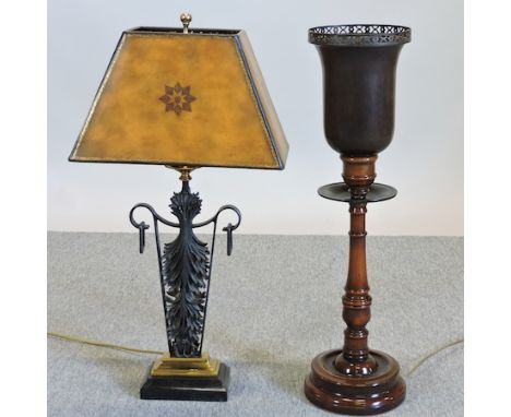 A decorative brass and iron table lamp and shade, 72cm tall, together with another