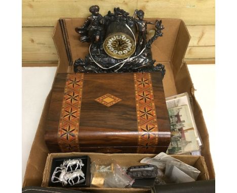 A Victorian tunbridge ware workbox, 30cm, together with an ornate bronzed figural mantle clock, two pairs of binoculars, post
