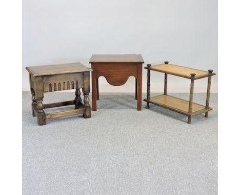 An George III mahogany commode stool, 51cm, together with a side table and a cane two tier side table